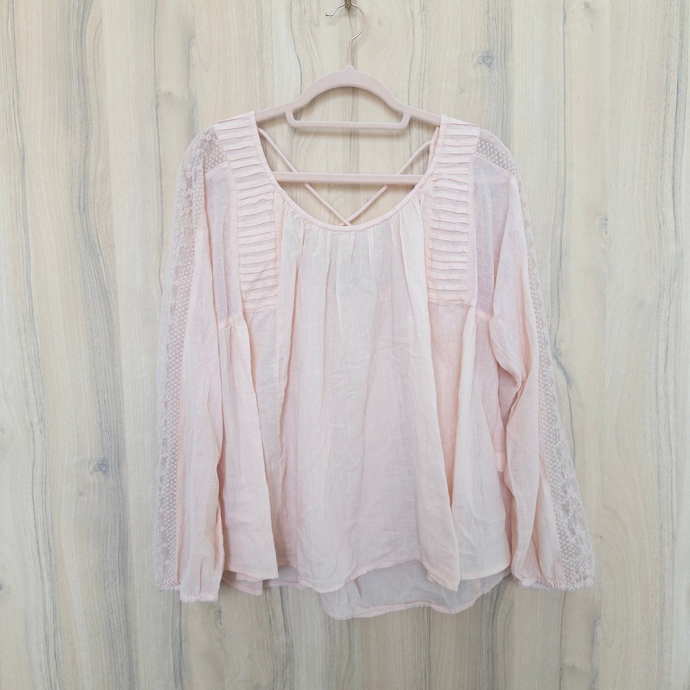 Lucky Brand Womens Blouse L Pink Lace Sleeve Boho Peasant Cottage Lightweight